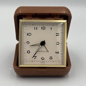 Vintage Westclox Compact Windup Travel Alarm Clock Tan Folding Case Works Great